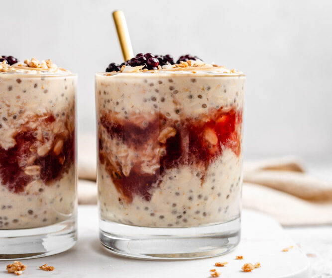 Creamy Vegan Peanut Butter And Jelly Overnight Oats In Jars