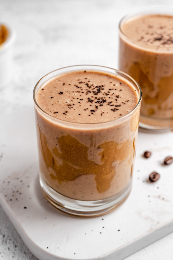 Salted Caramel Mocha Smoothie Topped With Ground Coffee