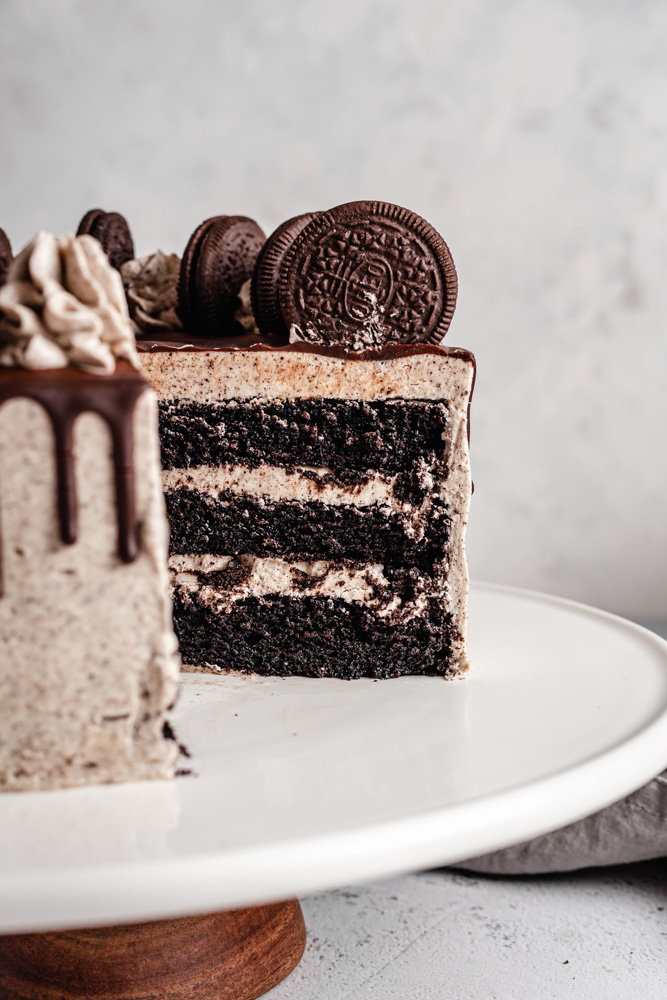 Three layer Oreo cake decorated with Oreo buttercream frosting