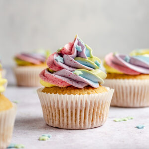 Vanilla cupcakes with pastel rainbow frosting