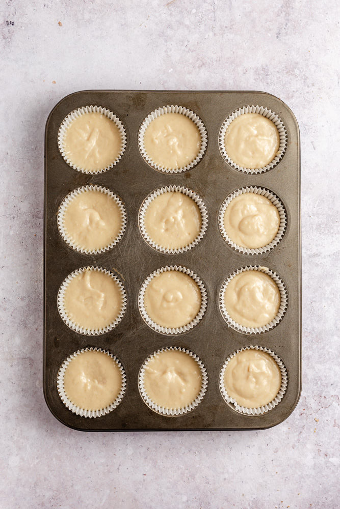 Batter in muffin pan before baking